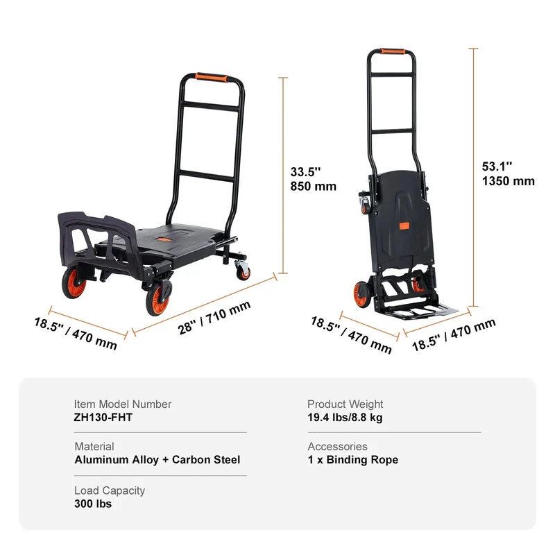Steekwagen - Transportkar - Transportwagen - Magazijnwagen - Platformwagen - 2-in-1 Handtruck - Opvouwbare - Aluminium - 136 kg Capaciteit -Draagbare Trolley voor Magazijn, Supermarkt en Tuin - Steekkar