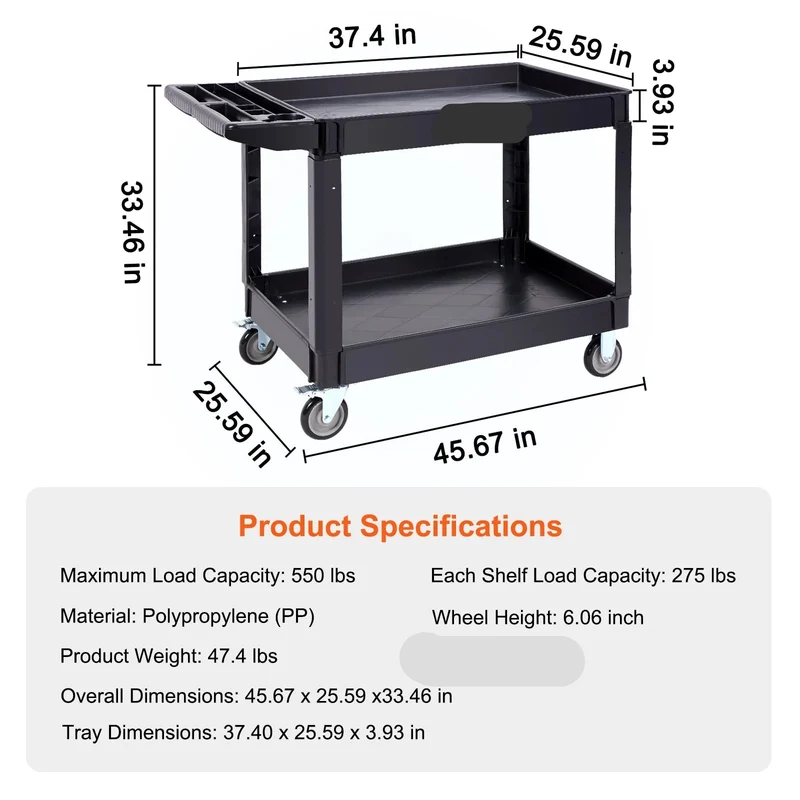 Serveerwagen - Keukentrolley - Keukeneiland - Serveerwagen op Wieltjes - 2/3 Laags - Zwaar Belast met 360° Zwenkwielen en Ergonomisch Opslaghandvat – Voor Magazijn/Garage/Reiniging - 550lbs