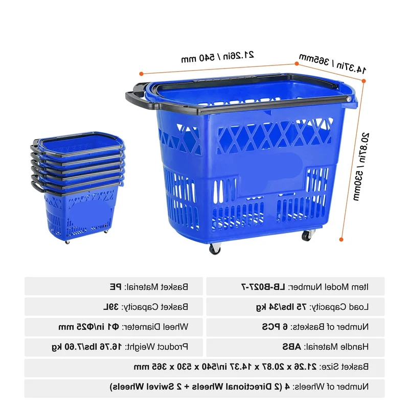 Winkelmandje - Winkelmand - Winkelwagen - Winkelkar - op Wieltjes - 39L Inhoud met Handgreep voor Supermarkten en Winkels - Boodschappentrolley - Boodschappenwagen - Set van 6 - Blauw