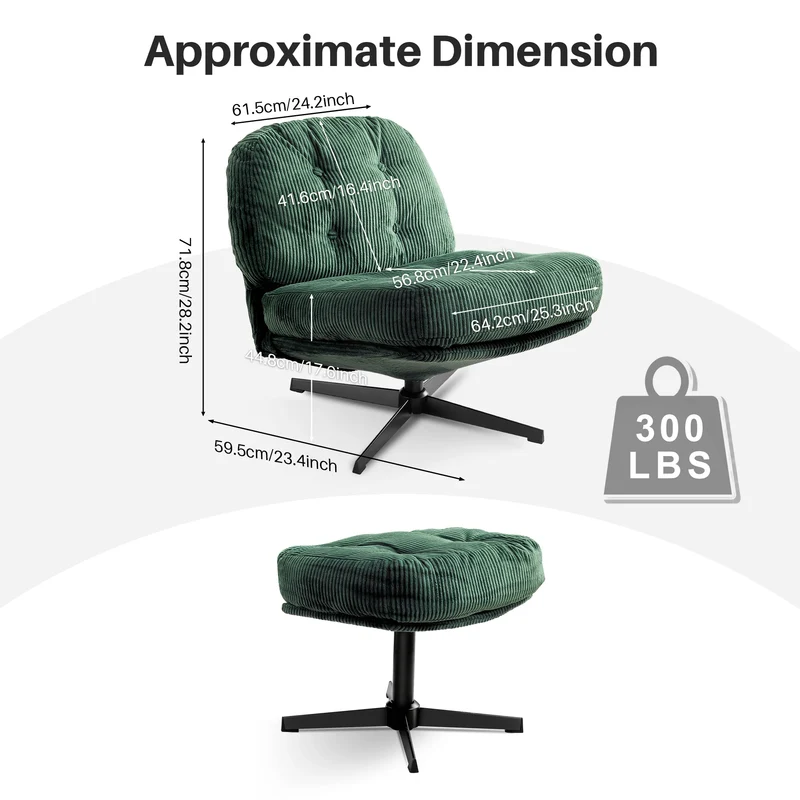 Relaxstoel - Schommelstoel - Fauteuil - Loungestoel - Moderne Vouwbare Accent Stoel - 360° Draaibaar Tufted Luil stoel - met Dikke Kussen en Ottoman voor Woonkamer - Groen