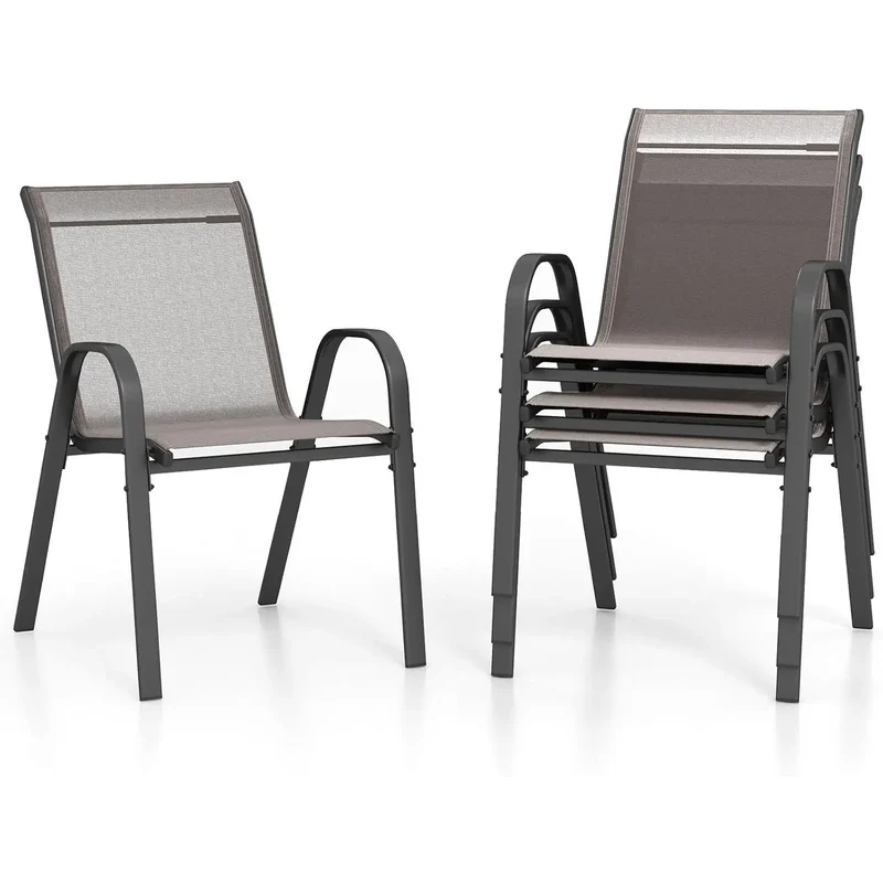 4-delige stapelbare tuinstoelenset met armleuningen – metalen frame – textilene – balkonstoelen – grijs – 150 kg draagvermogen