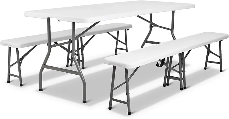 180 cm opvouwbare tafel met 2 banken – klaptafel set voor 8 personen – inklapbare campingtafel – picknicktafel – kunststof en staal – draagbaar met handgreep – binnen en buiten – wit blad, zwarte poten