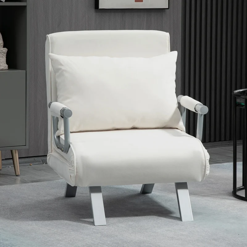 Opklapbare Relax Slaapstoel met Kussen – Inklapbare Fauteuil Slaapbank – 65x69x80 cm – Crème – 1-Persoons Omvormbare Stoel