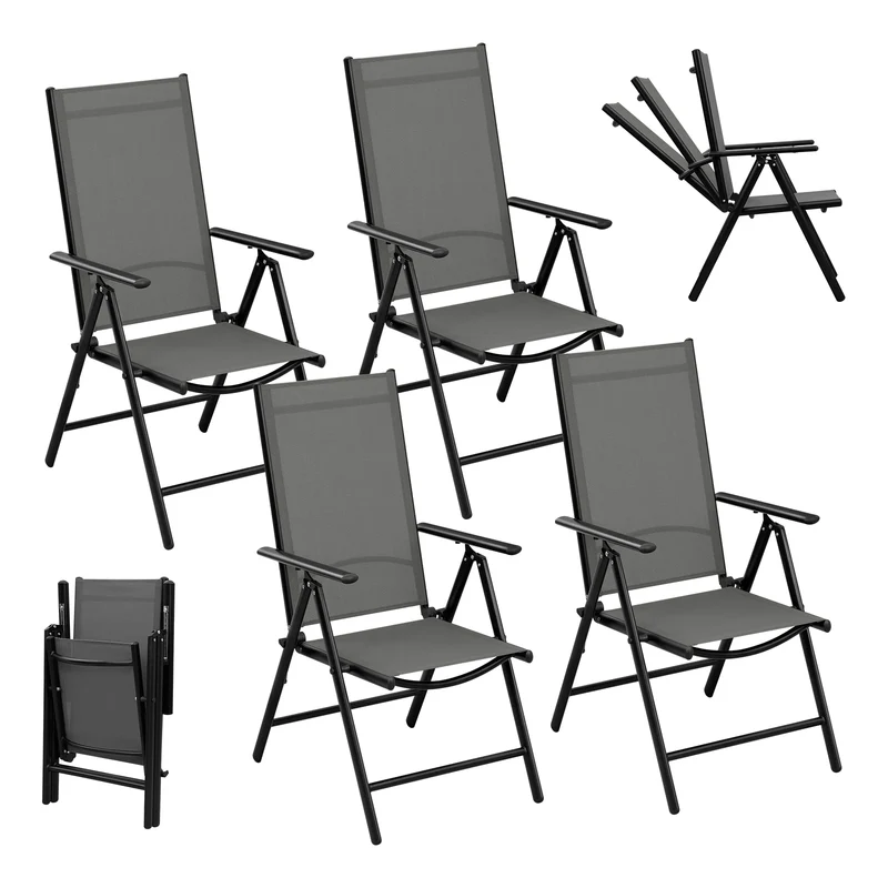 Opvouwbare Tuinstoelen Set van 4 – Inklapbare Stoelen met 7 Standen – Verstelbare Buitenkstoelen – Zwart – 150 kg Draagvermogen – 48x67x84 cm