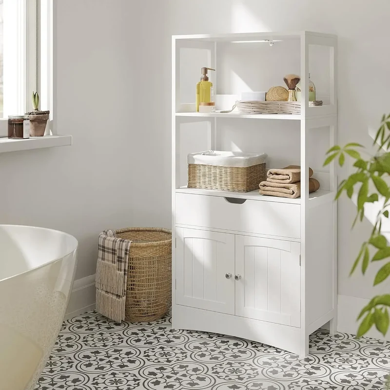 Hoge Vrijstaande Badkamerkast – Witte Opbergkast met 2 Deuren - Lade & 3 Open Planken – Moderne Multifunctionele Kast voor Badkamer - Keuken of Woonkamer