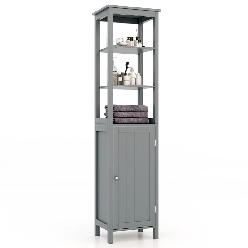 Hoge Kast met 5 Niveaus – Smalle Vrijstaande Badkamerkast met Verstelbare Planken & Deuren – Opbergkast voor Woonkamer of Badkamer – 40 x 32 x 160 cm – Grijs