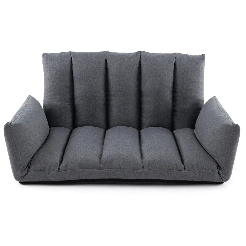 Opvouwbare Lounge Sofa – Verstelbare Rugleuning & Armleuningen – Grijze Vloerstoel met 5 Posities – Comfortabele Speelkamer / Gaming / Slaapbank – Geen Montage Nodig