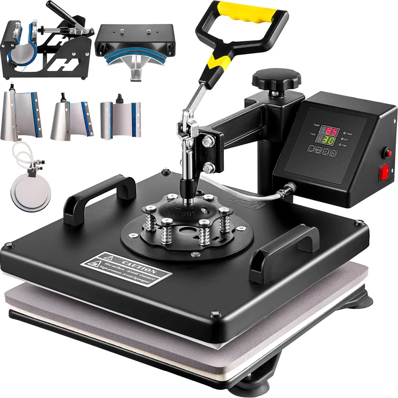 15x15 Inch 8-in-1 Hittepersmachine - 360° Draaibaar - LED Display - Sublimatie Transferpers voor Mokken, T-shirts & Meer - 1250W - Zwart
