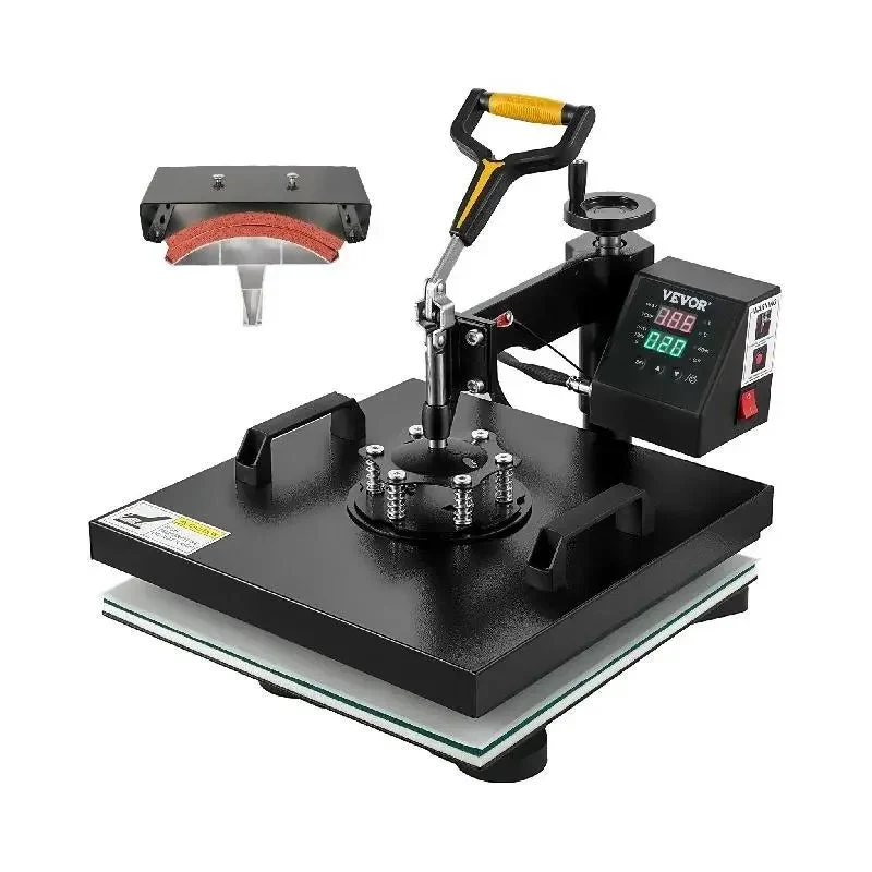 2-in-1 Hittepersmachine - 38x38CM Transferpers - T-Shirt Pers - Hoedenpers - Sublimatie Transfer - 360° Draaibaar - Digitaal Display - Zwart