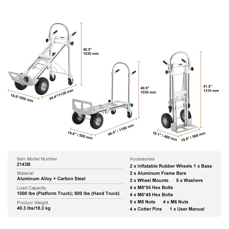 Steekwagen - Steekkar - Traploper - Transportwagen - Draagvermogen 454 kg - Vouwbare Handtruck - Aluminium Zware Industriële Dolly Kar - voor Transport en Verhuiswerk - Zilver