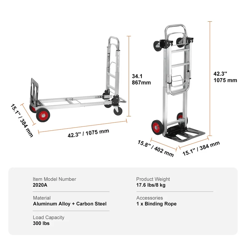 Steekwagen - Steekkar - Traploper - Transportwagen - Draagvermogen 136 kg - Vouwbare Handtruck - Aluminium Zware Industriële Dolly Kar - voor Transport en Verhuiswerk - Zilver