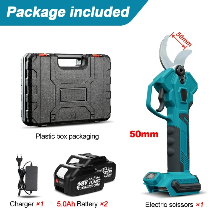 Elektrische Snoeischaar - Snoerloze Takkenschaar - Tuinschaar - Draadloze - Borstelloze Motor - met Draagtas - 50mm Snijbreedte - Koolstofstalen Mes - 2 x 5.0Ah Batterij - Oplader - Blauwgroen