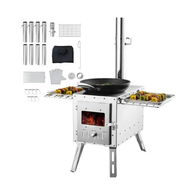 Houtkachel - Veranda Kachel - Draagbaar Houtkachelfornuis - Survival Firewood Stove - Camping Kachel - met Schoorsteenpijpen - Handschoenen - RVS - 45 x 66 cm - Zilver