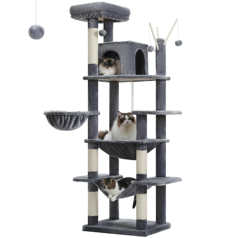 Kattenboom - Kitten Krabpaal - Sisal Krabpalen - Krabpaal - Katten Klimmuur - Krabplanken - Arbre a Chat - Hangmat & Speeltjes - Meerdere Verdiepingen - met Pluche Kattenhuisjes - 175cm - Donkergrijs