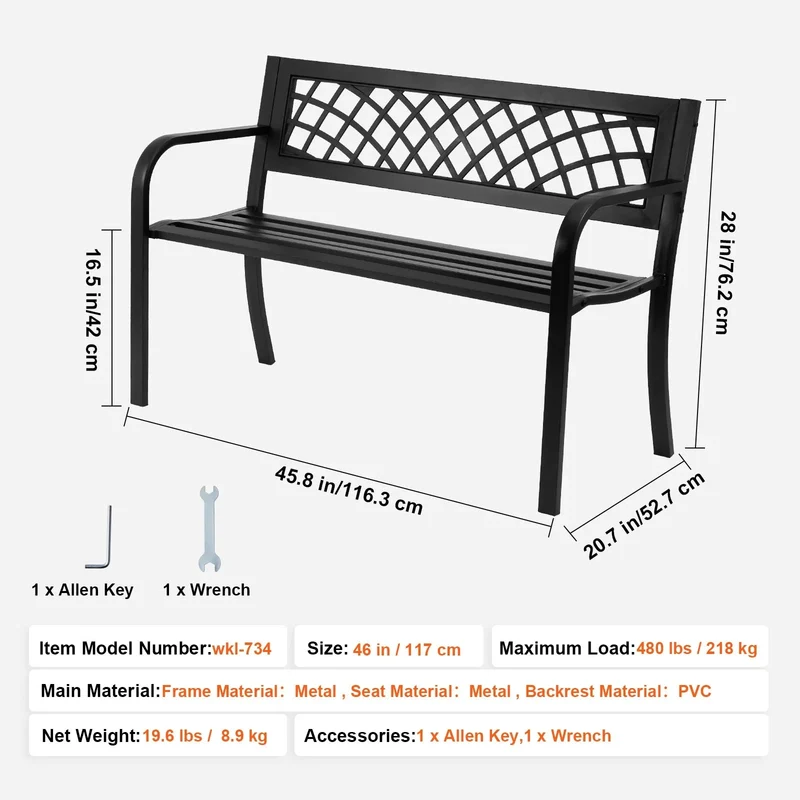 Tuinbank - Buitenbanken - Tuinbanken - Terrasbank - Tuinbankjes Weerbestendig - Hout en Metaal - Rugleuning - Armleuningen - voor Tuin - Terras - Park - 46inch - Zwart