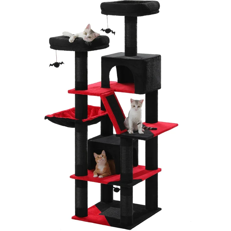 Kattenboom - Kitten Krabpaal - Sisal Krabpalen - Krabpaal - Katten Klimmuur - Krabplanken - Arbre a Chat - Hangmat & Speeltjes - Meerdere Verdiepingen - met Pluche Kattenhuisjes - 180cm - Zwart