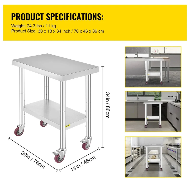 Roestvrijstalen Werktafel - Keukentrolley - Keukeneiland - Serveerwagen - Keuken Werktafel - Kookeiland - Verstelbare Legplank - met Wielen - voor Restaurant - Garage - Opslag - Keuken - 30 x 18 Inch