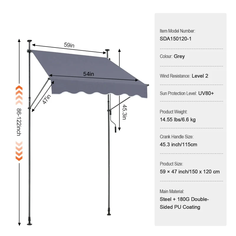 Klemluifel - Balkonluifel - Zonneluifel - Terras-luifel - Waterdicht UV80+ Bescherming - Aluminium Frame - Handzwengel - Buiten - 59x47inch - voor Balkon - Tuin - en Terras