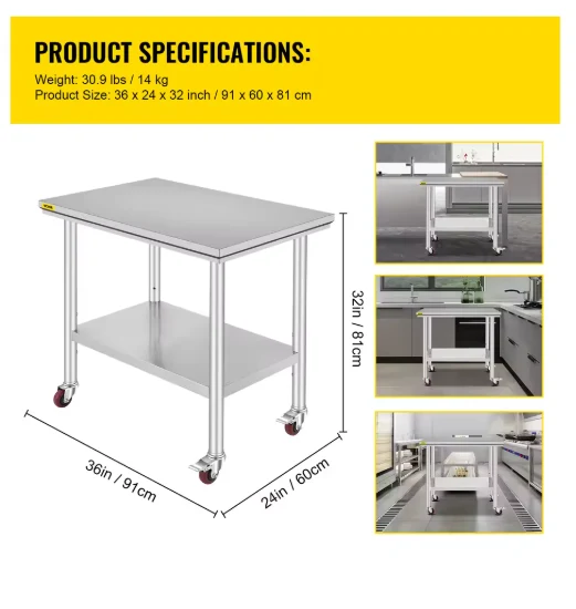 Roestvrijstalen Werktafel - Keukentrolley - Keukeneiland - Serveerwagen - Keuken Werktafel - Kookeiland - Verstelbare Legplank - met Wielen - voor Restaurant - Garage - Opslag - Keuken - 36 x 24 Inch