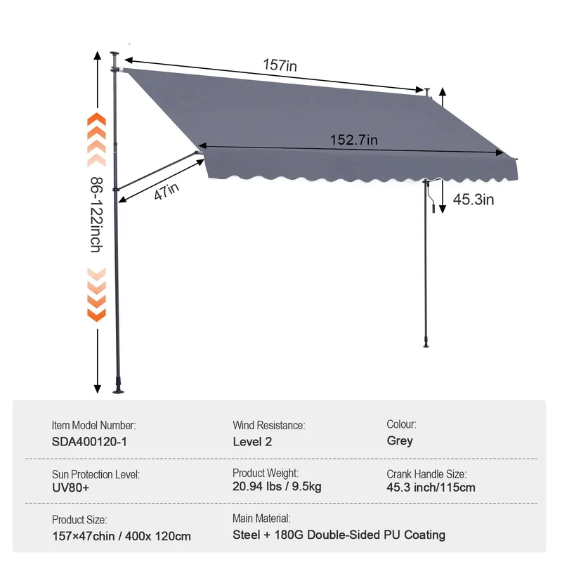 Klemluifel - Balkonluifel - Zonneluifel - Terras-luifel - Waterdicht UV80+ Bescherming - aluminium frame - Handzwengel - Buiten - 157x47inch - voor Balkon - Tuin - en Terras