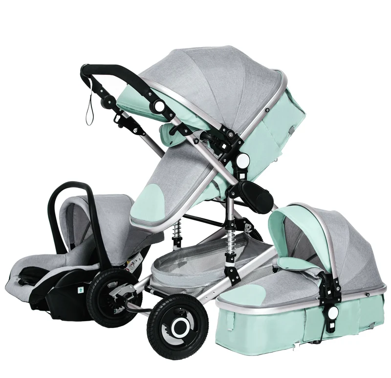 Kinderwagen - Buggy - Baby Kinderwagen 3 in 1 - Luxe Draagbare Reiswieg met Aluminium Frame - Opvouwbare Wandelwagen - Hoog Landschap Babywagen - Groen-Grijs