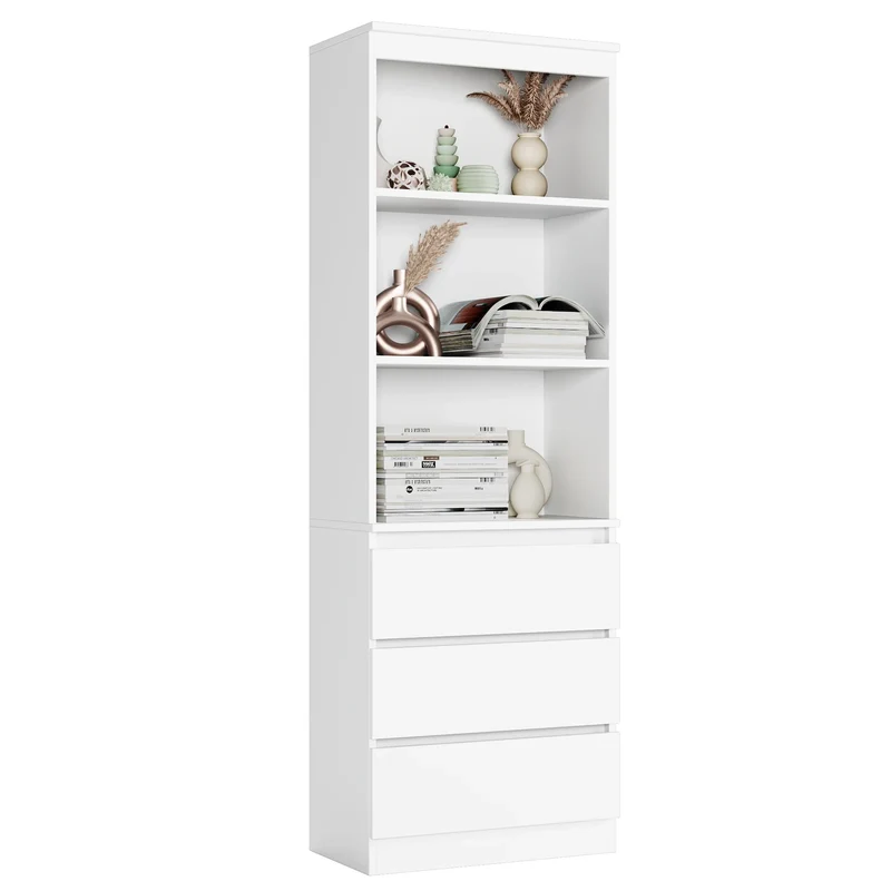 Boekenkast - Kast - Hoge Kasten - Boekenkasten - Boekenrek - Opbergkast met 3 Laden en 3 Planken - Vrijstaande Opbergkast - voor Woonkamer - Wit