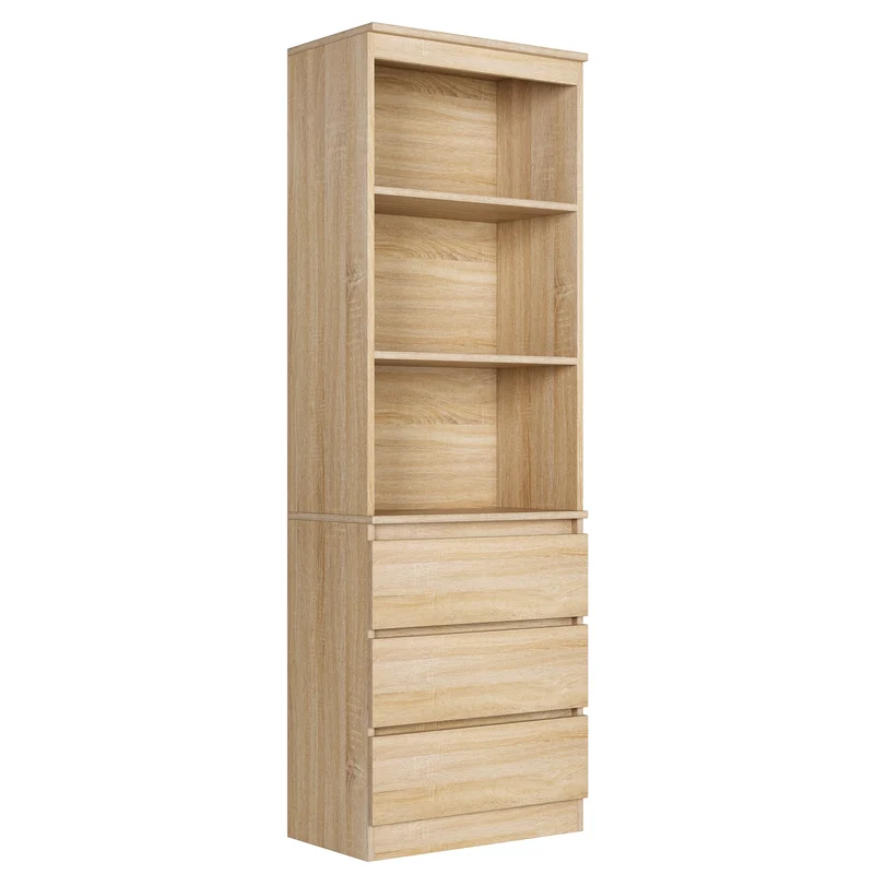 Hoge Boekenkast – Boekenkast Kast Opbergkast Vakkenkast – Eikenfineer MDF – 60x35x180 cm – 3 Lades 3 Open Planken