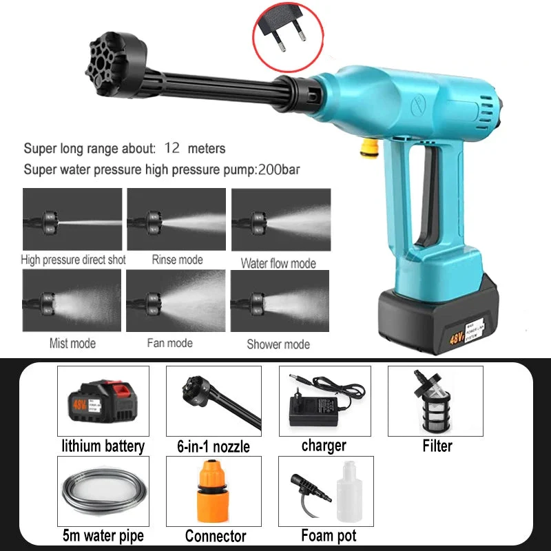 Hogedrukreiniger - Terrasreiniger - Waterpistool - Draadloze - Elektrische - 30000mAh Accu - 200 Bar - 6-in-1 Spuitpistool - Pressure Washer - en Verstelbare Nozzle - Autowasser en Tuinreiniger – Inclusief 1x Accu