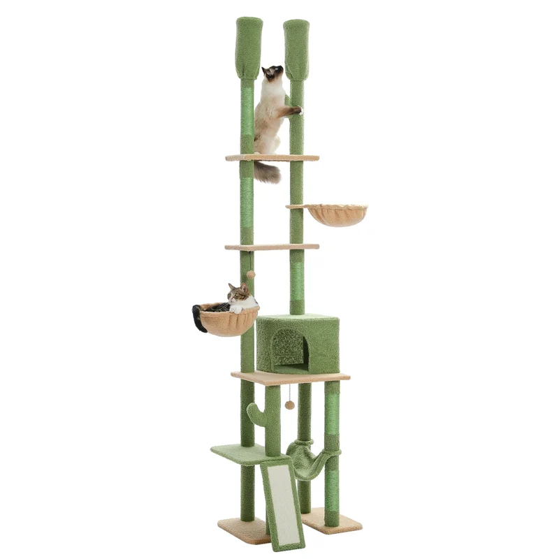 Cactus Kattentoren – Verstelbare Krabpaal met Sisal, Hangmat en 2 Mandjes – Kattenkrabpaal voor Meerdere Katten – Hoogte 216-285 cm – Kattenmeubel – Groen