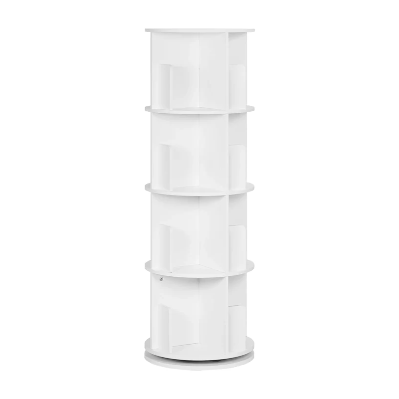 Roterende Boekenkast – 360° Draaibaar Boekenrek met 4 Verdiepingen en 16 Compartimenten – Compact Opslagsysteem – 127,4 cm Hoog – Ideaal voor Kinderkamer, Woonkamer of Kantoor – Moderne Boekenkast in Wit