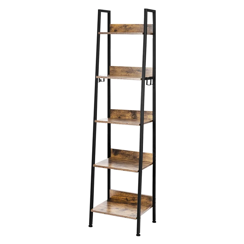 Boekenkast – Industrieel Boekenrek met Houten Planken en 4 Haken – Multifunctionele Boekenplank - Stellingkast - Keukenrek – Open Opbergrek voor Woonkamer, Keuken of Kantoor – 40x170x36 cm – Zwart & Hout