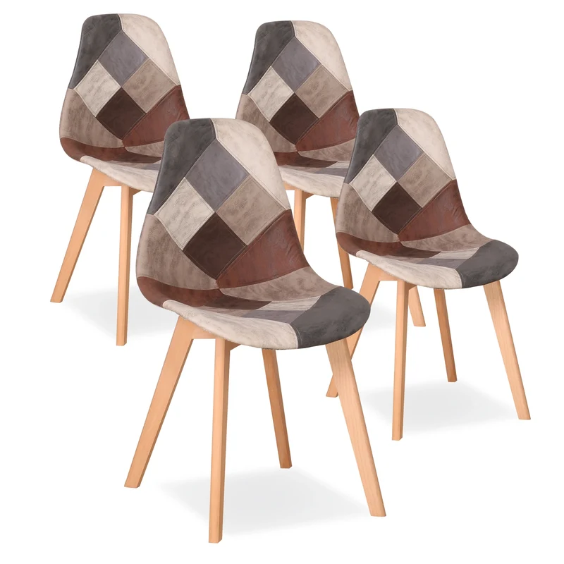 Set van 4 Eetkamerstoelen – Comfortabele Kuipstoelen met Gewatteerde Zitting – Patchwork Design in Bruin - Beige & Grijs – Scandinavische Stoelen met Houten Onderstel – Modern & Stijlvol voor Eetkamer of Keuken
