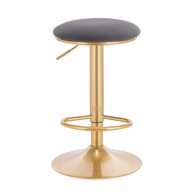 Barkruk Met Voetsteun – Ronde Zitting – 360° Draaibare Bar Kruk – In Hoogte Verstelbare Eetkruk – Moderne Barkruk Voor Keuken, Eetkamer, Bar of Café – Grijs - Goud Design