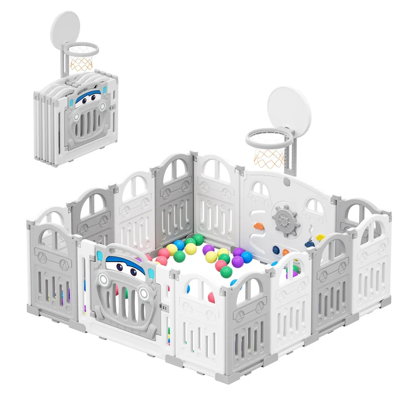 Baby Speelbox - Box Baby - Kinderbox - Metalen Speelbox - Opvouwbare - met Basketbalring - Inclusief Activiteitenwand en Sensorisch Speelgoed - Voor 7 Maanden tot 6 Jaar - Grijs-wit
