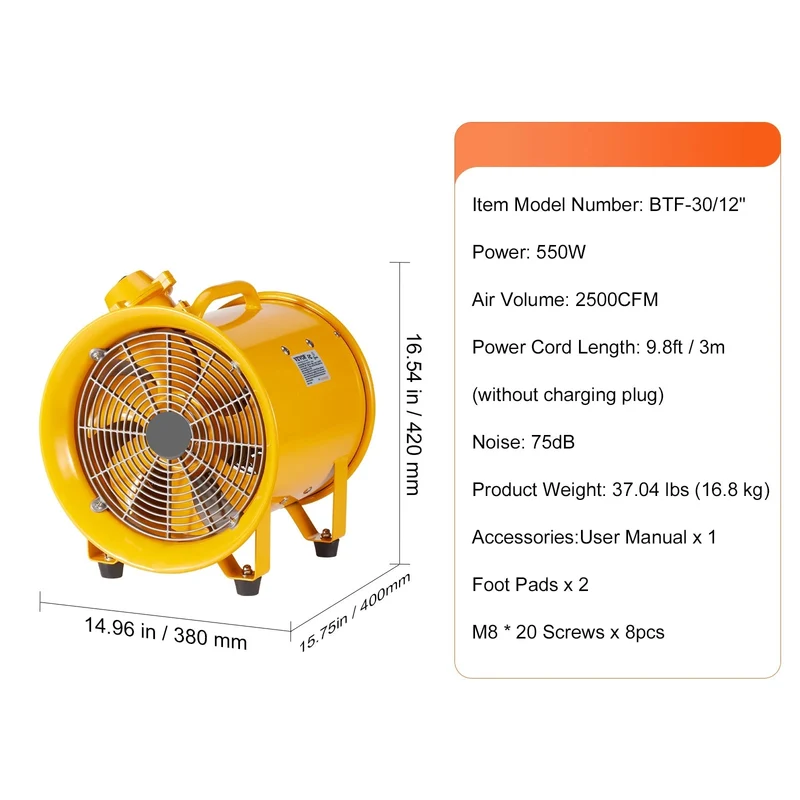 Bouwventilatoren - 550W - Ventilator - Uitlaatventilator - Industriële Extractor - en Blower - Draagbare - voor Magazijnen - Bouwplaatsen en Thuisgebruik