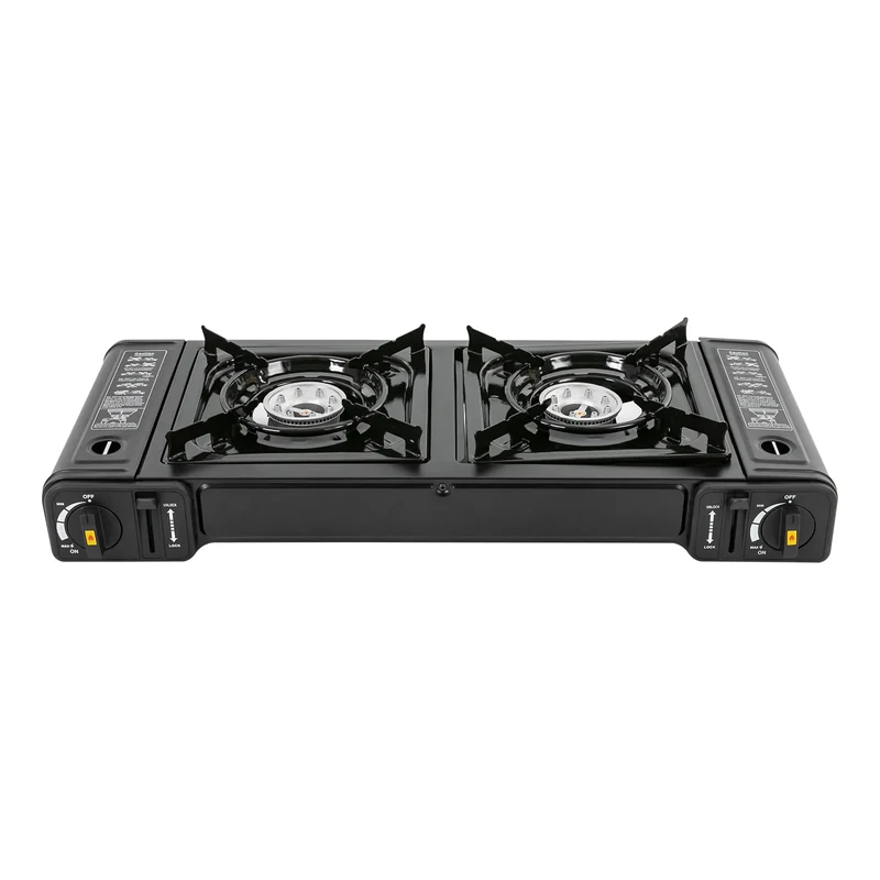 Tafel BBQ Gas – Camping Kooktoestel 2 Pitten – Draagbare Gasbrander met Draagkoffer – Verwijderbare Bakplaat – 64x28cm – Zwart