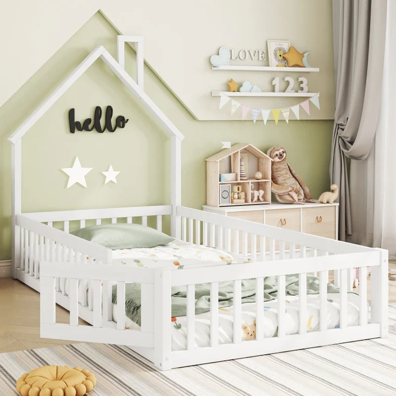 Kinderbed Tweepersoonsbed - Bed in Huis Design met Schoorsteen - Massief Houten - Bed met Lattenbodem - 140x200 cm – Wit