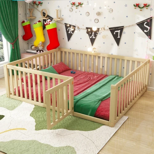 Bedframe Kinderbed - Peuterbed - Vloerbed - Kinderbox - Inclusief Uitvalhekje - Kinderkamer - Multiplex - 140 x 200 x 60 cm - Hout