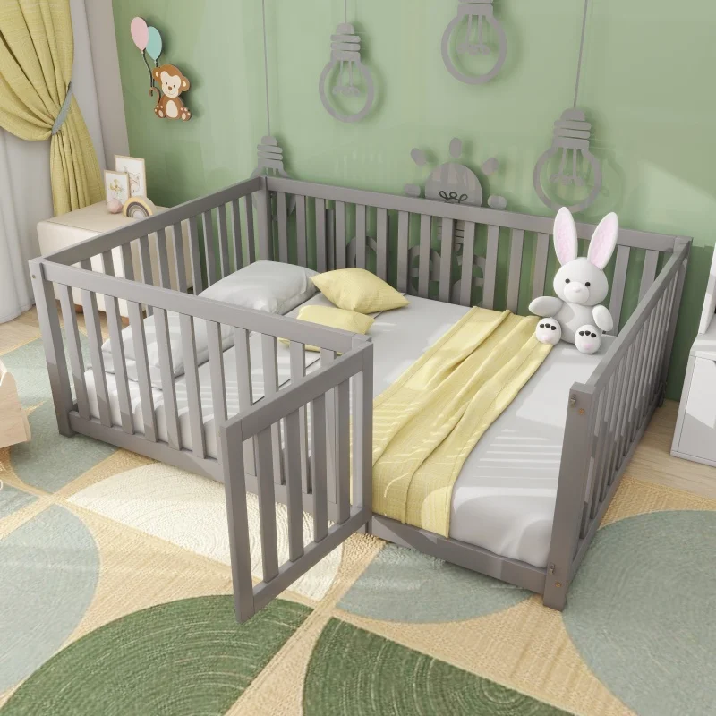 Bedframe Kinderbed - Peuterbed - Vloerbed - Kinderbox - Inclusief Uitvalhekje - Kinderkamer - Multiplex - 140 x 200 x 60 cm - Grijs