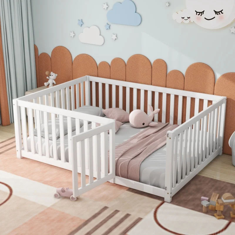 Bedframe Kinderbed - Peuterbed - Vloerbed - Kinderbox - Inclusief Uitvalhekje - Kinderkamer - Multiplex - 140 x 200 x 60 cm - Wit