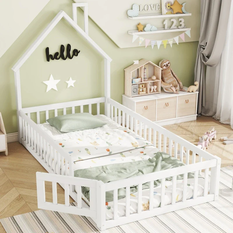 Kinderbed Tweepersoonsbed - Bed in Huis Design met Schoorsteen - Massief Houten - Bed met Lattenbodem - 90 x 200 cm – Wit