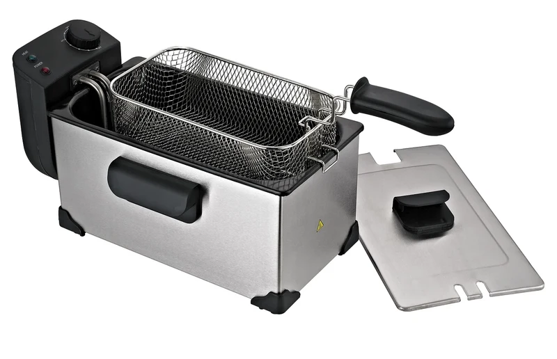 Elektrische friteuse - Vermogen - Regelbare Thermostaat - Uitneembare Mand met Anti-Scald Grip - Roestvrijstalen Deksel - Afvoerkraan en Geurfilter - 2200W - 3L