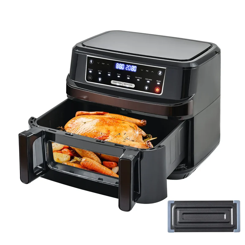 Heteluchtfriteuse – Airfryer - Airfryer Oven XXL - 12L - Dubbele Kookkamer Instelbaar - 2000W - 240V - 8 Voorgeprogrammeerde Programma's - LED Touchscreen - Kijkvenster - Zwart