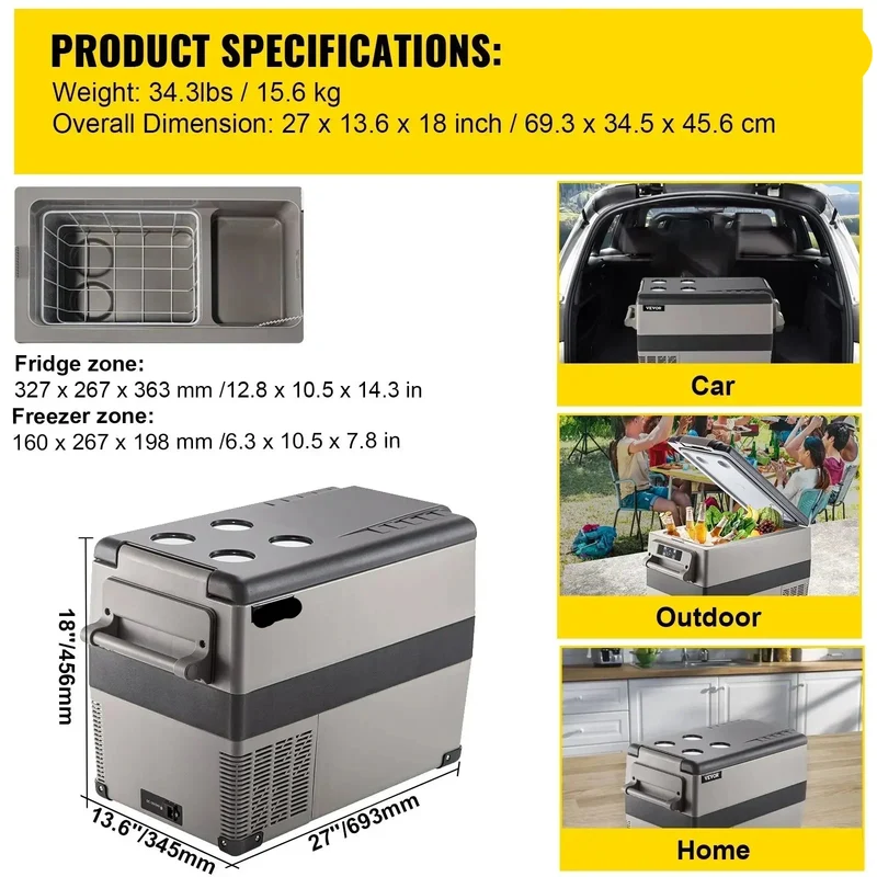 Auto Koelkast - Koelbox - Mini Koelkast - Draagbare - 45L - 12V/24V/220V - met Compressor - Mini Fridge - Perfect voor Camping, Reizen en Outdoor
