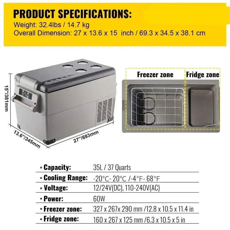 Auto Koelkast - Koelbox - Mini Koelkast - Draagbare - 35L - 12V/24V/220V - met Compressor - Mini Fridge - Perfect voor Camping, Reizen en Outdoor