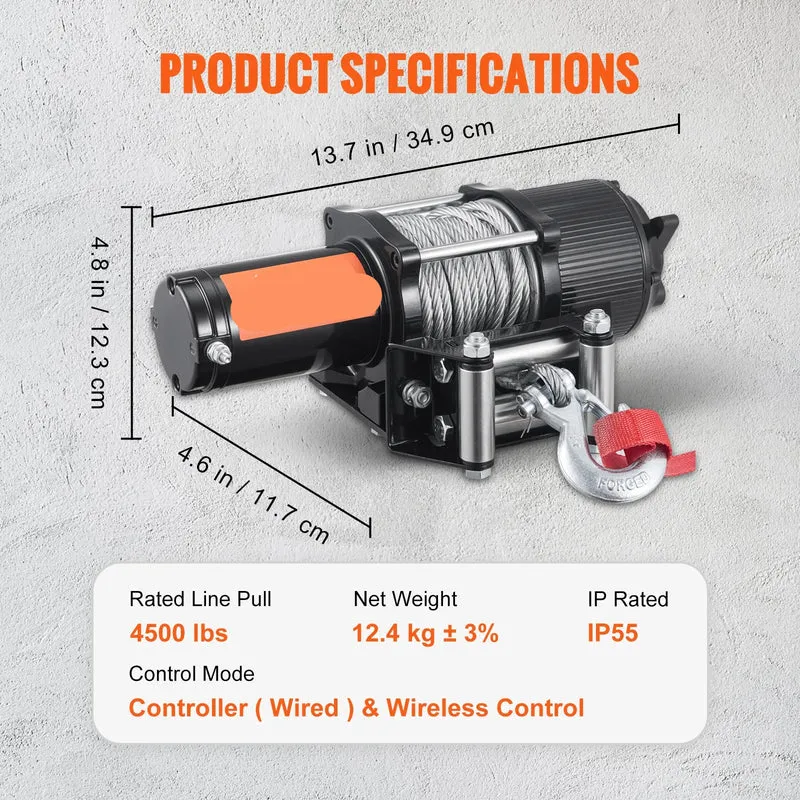 Lier - Takel - Kabeltakel - Kettingtakel - Elektrische - Waterdicht - 12V - 4500lbs - met Stalen Kabel en Bedrade/Wireless Afstandsbediening - voor SUV, Trailer en Auto