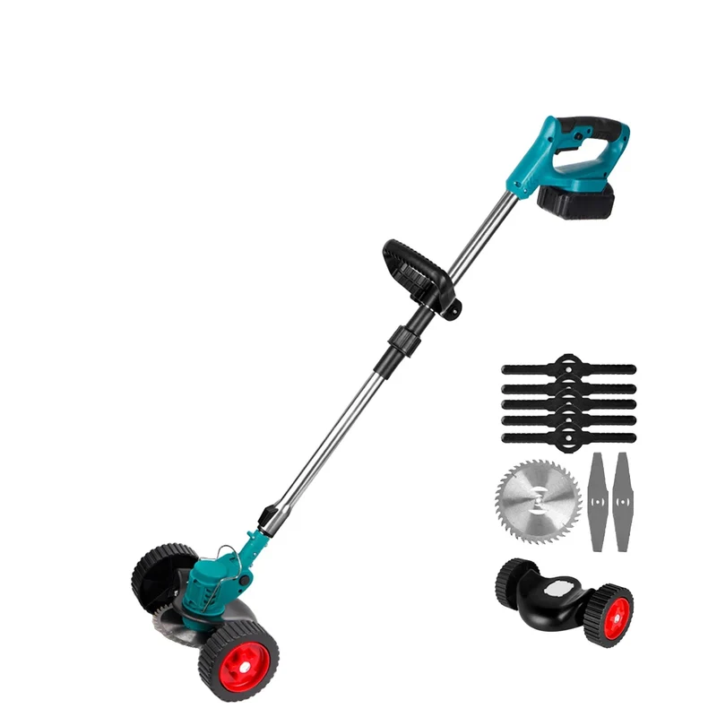 Accu Grastrimmer - Grasmaaier - Bosmaaier - Opvouwbaar - Verstelbaar - met Wielen - Maaiaccessoires - 2x Batterij - 1500W - 12000 RPM - 3 Soorten Messen - 125mm Snijbreedte - 15000mAh - Turkoois
