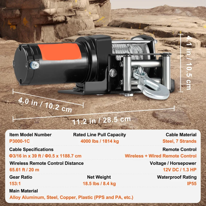 Lier - Takel - Kabeltakel - Kettingtakel - Elektrische - Waterdicht - 12V - 4000lbs - Winch met 39ft Stalen Kabel en Bedrade/Wireless Afstandsbediening - voor ATV/UTV en Truck Towing