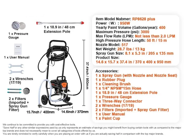 Airless Verfspuit - Verfspuiten Electrisch - Verfspuitmachine - Hoge Druk 3000PSI - 950W - 7,6m/15m Slang - Handmatige Verfspuit - voor Binnen- en Buitenschilderwerk - met Kar