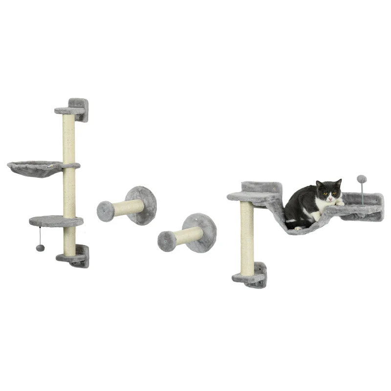 Klimrek - Klimrekken voor Kat - met - Hangmat - Bal - Set van 4 - Muur Bevestigd - Houtspaanplaat - Polyester Pluche - Maximale Capaciteit van 6-8 kg - 84.5x19x54 cm - Grijs